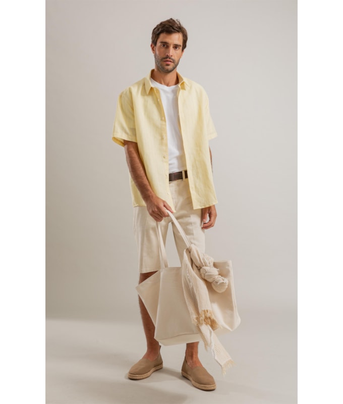 Camisa Linho Listrado Augusto Ml Amarelo Claro