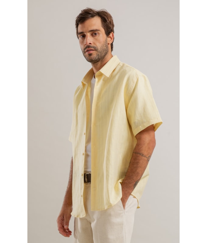 Camisa Linho  Listrado Augusto Ml Amarelo Claro