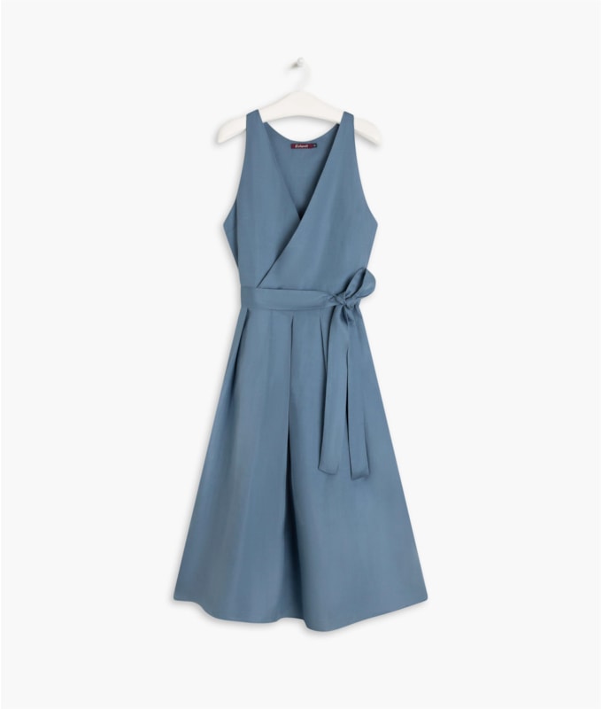   Vestido Linho  Mei  Liso Azul Seco